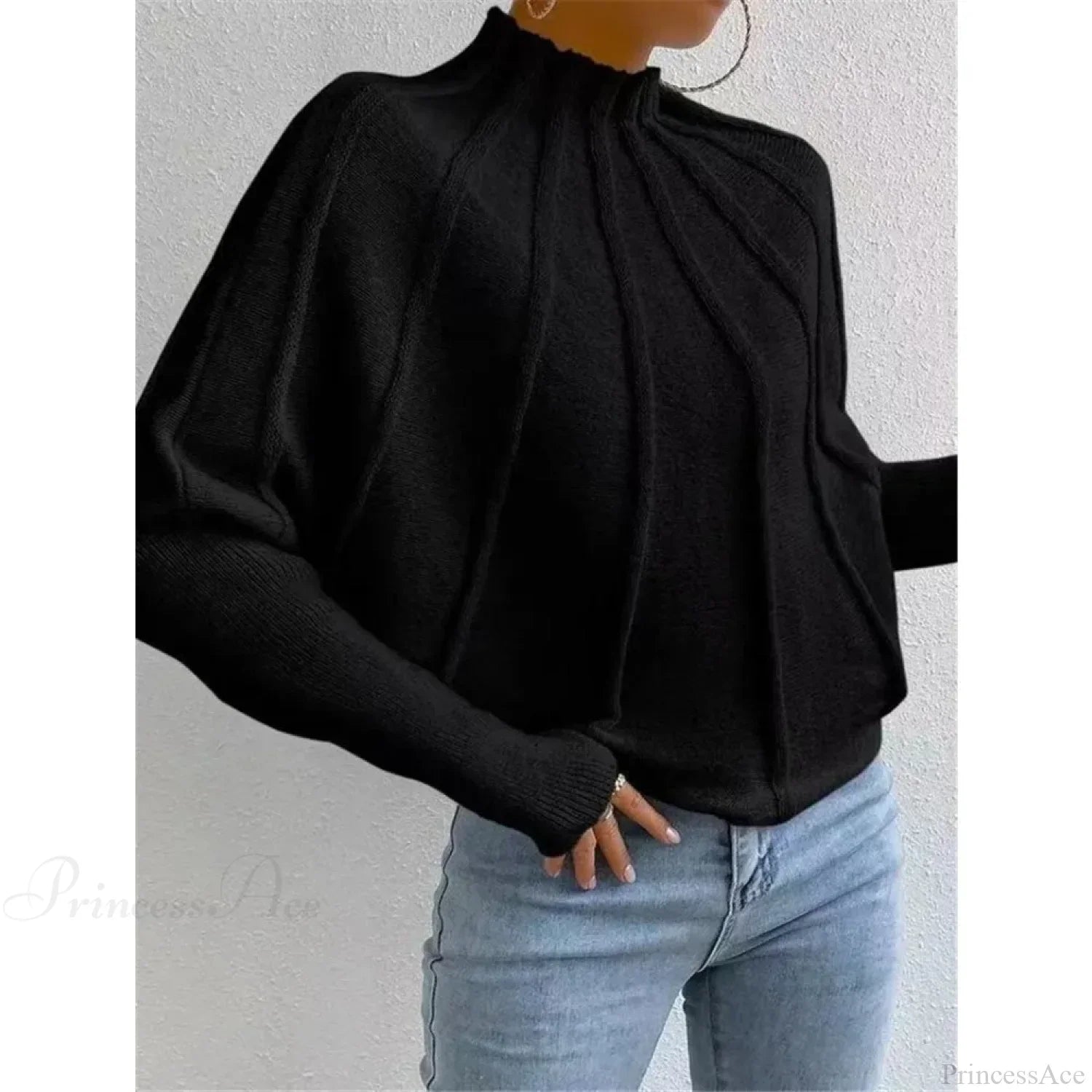 Solid Round Neck Batball Sleeve Loose Sweater image 6