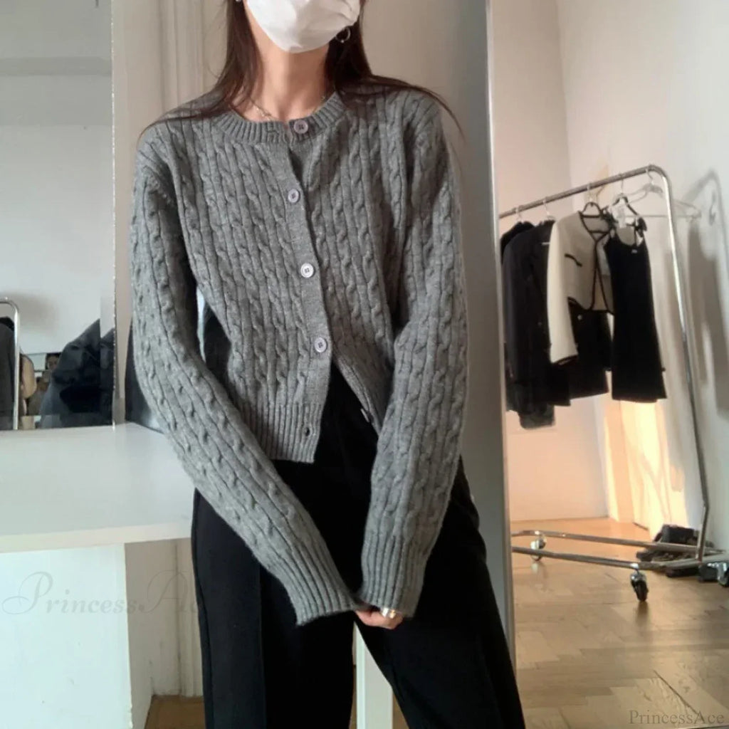 Solid Round Neck Single Breasted 2000s Style Knit Cardigan image 3