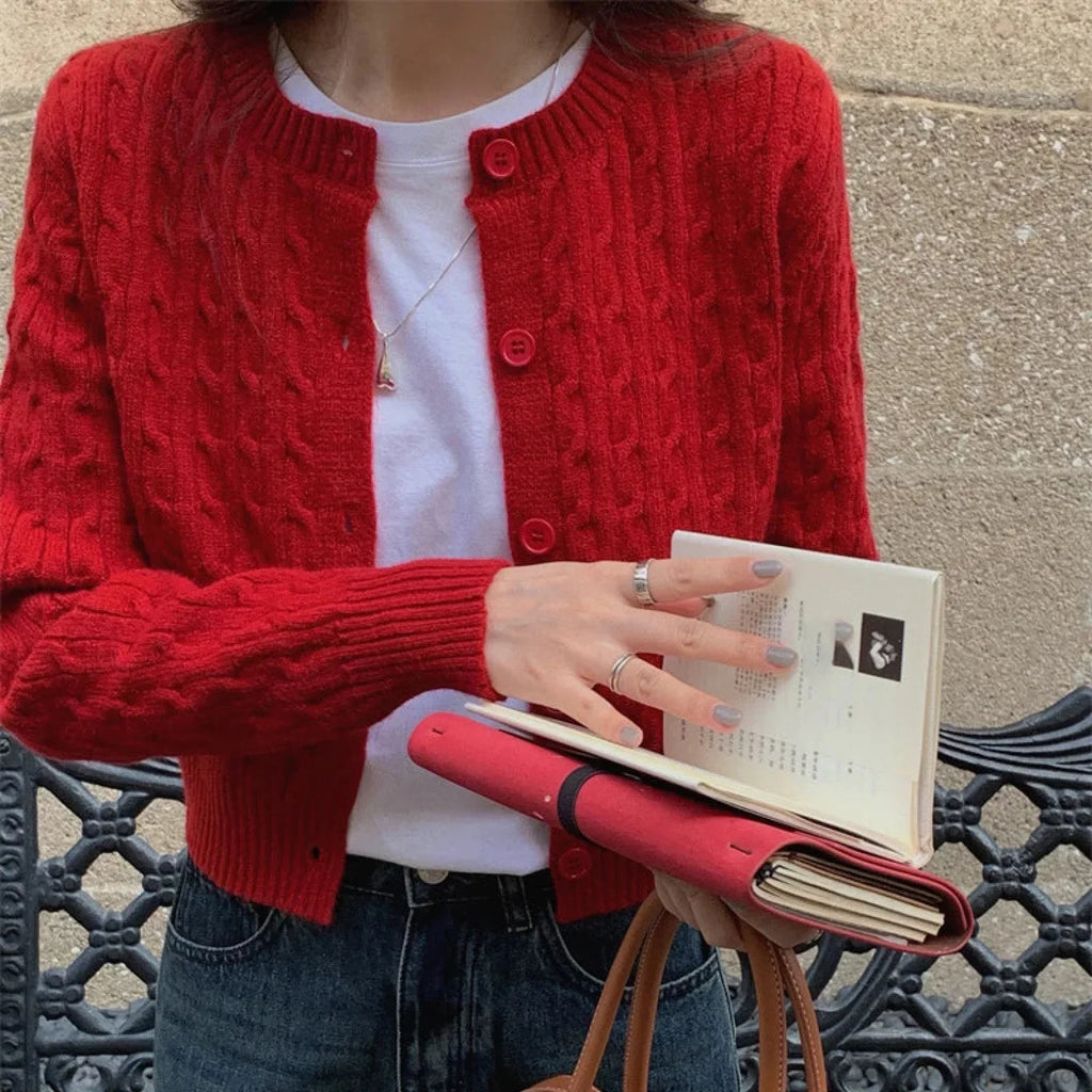 Solid Round Neck Single Breasted 2000s Style Knit Cardigan image 1