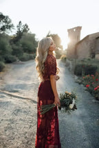 Solid Short Sleeve Lace V-neck Loose Maxi Boho Dress image 3