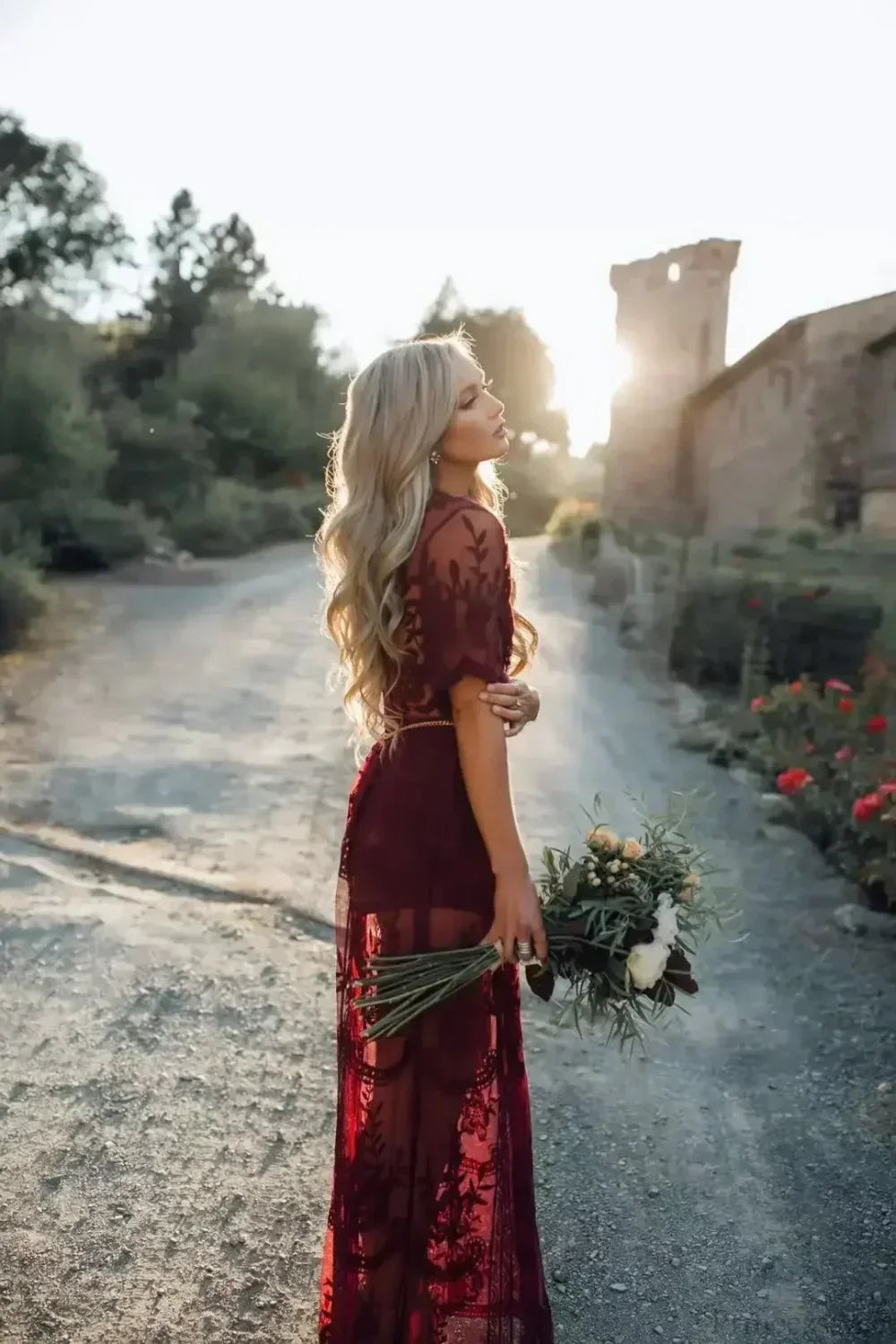 Solid Short Sleeve Lace V-neck Loose Maxi Boho Dress image 3