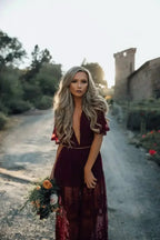 Solid Short Sleeve Lace V-neck Loose Maxi Boho Dress image 2
