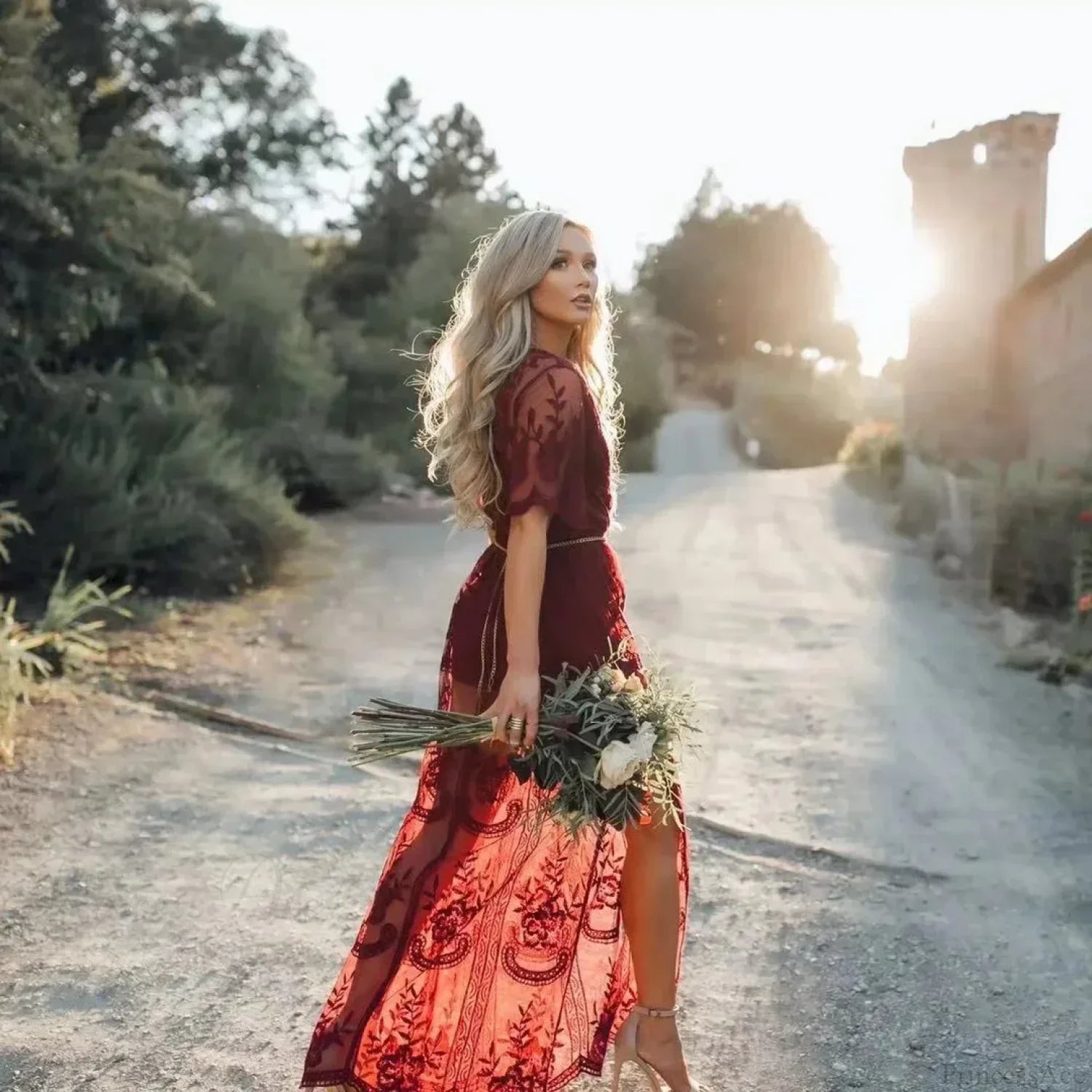 Solid Short Sleeve Lace V-neck Loose Maxi Boho Dress image 4