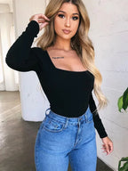 Solid Square Neck Long Sleeve Slim Fit Knit Top image 7