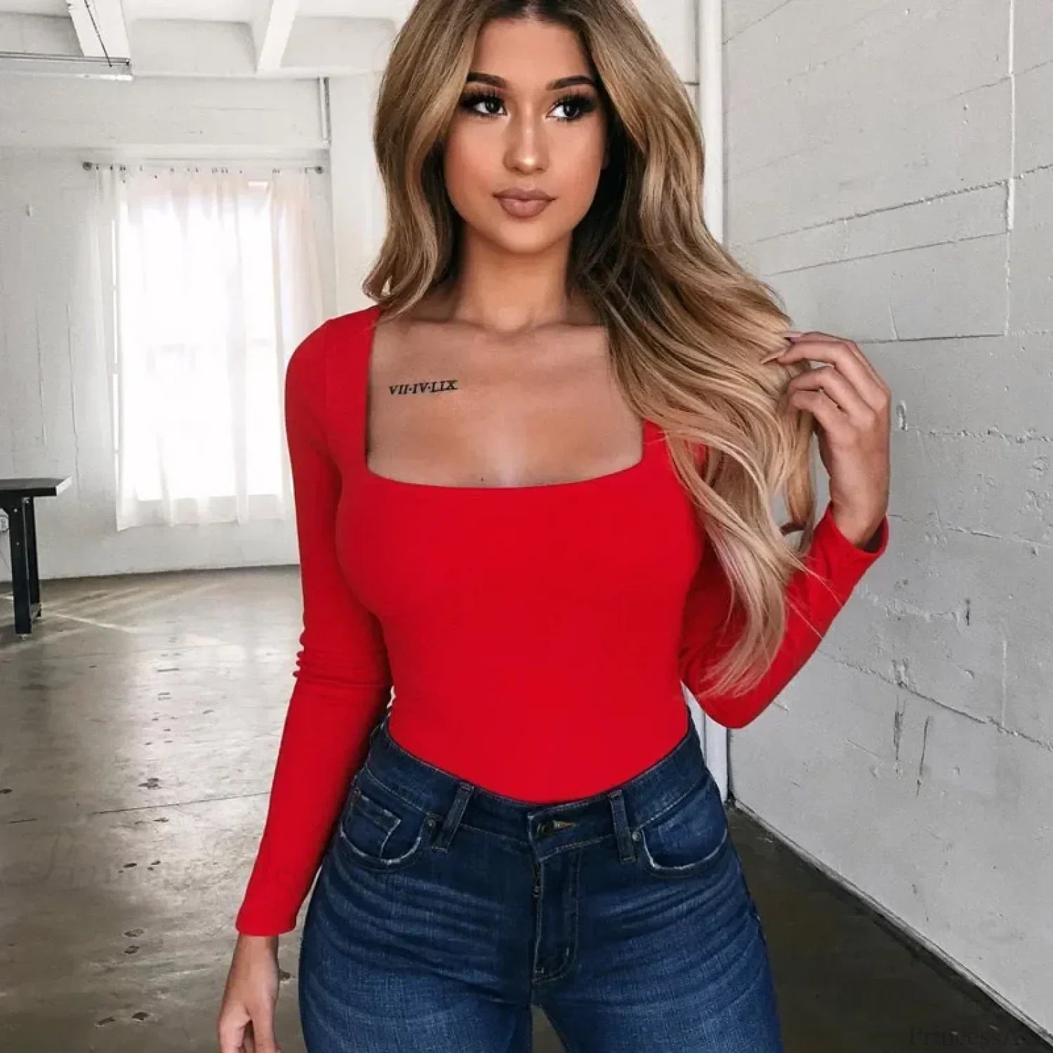 Solid Square Neck Long Sleeve Slim Fit Knit Top image 5