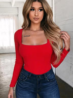 Solid Square Neck Long Sleeve Slim Fit Knit Top image 9