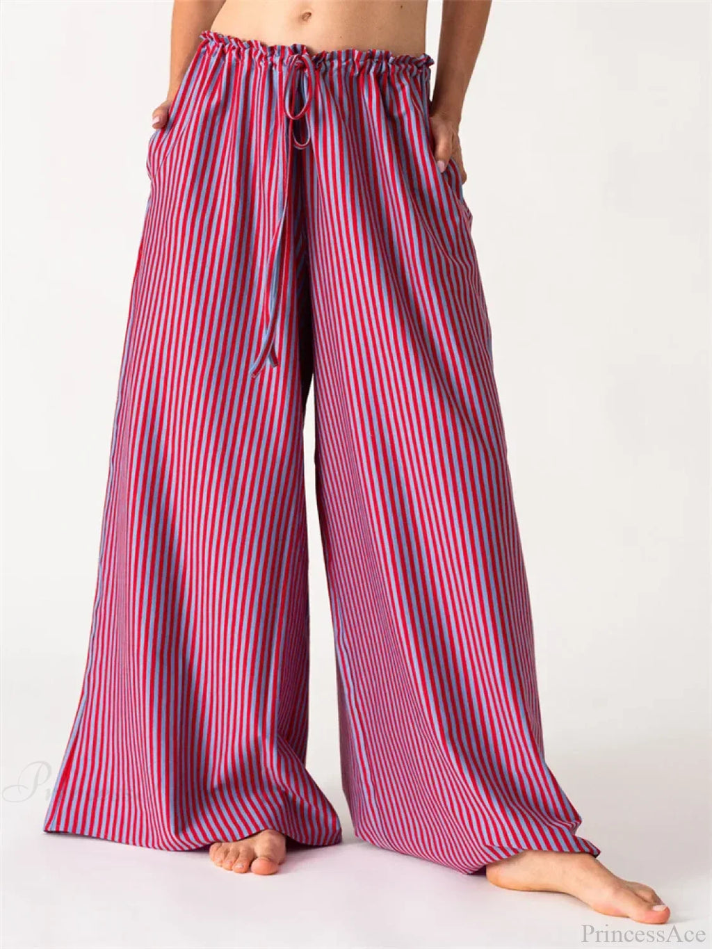 Solid/Striped Baggy Drawstring Casual Wide Pant image 1