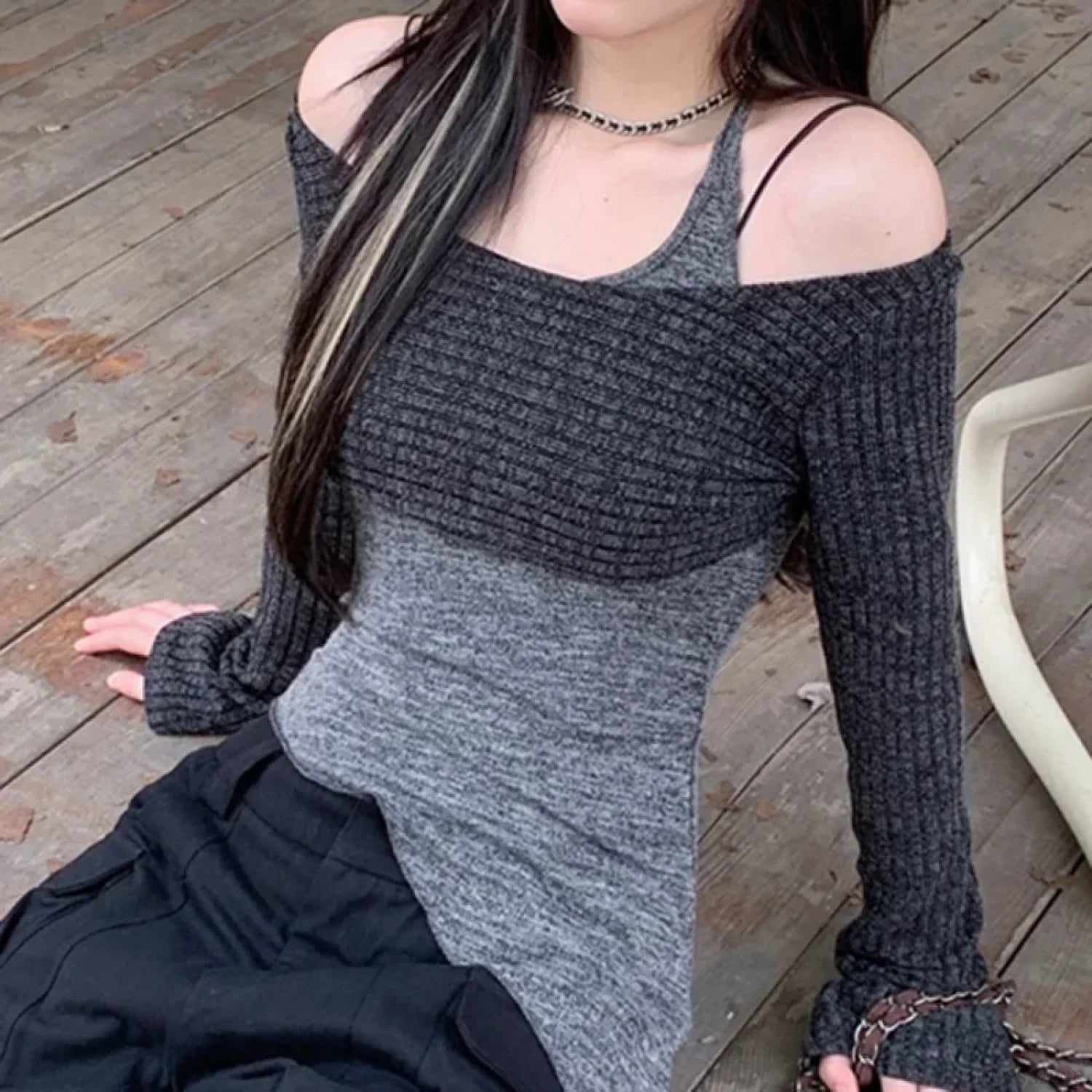 Solid Tank Tie-Up Halter Backless Long Sleeve Knit Top image 1