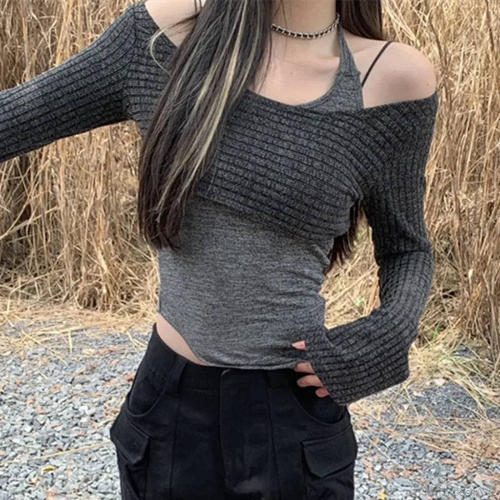 Solid Tank Tie-Up Halter Backless Long Sleeve Knit Top image 2