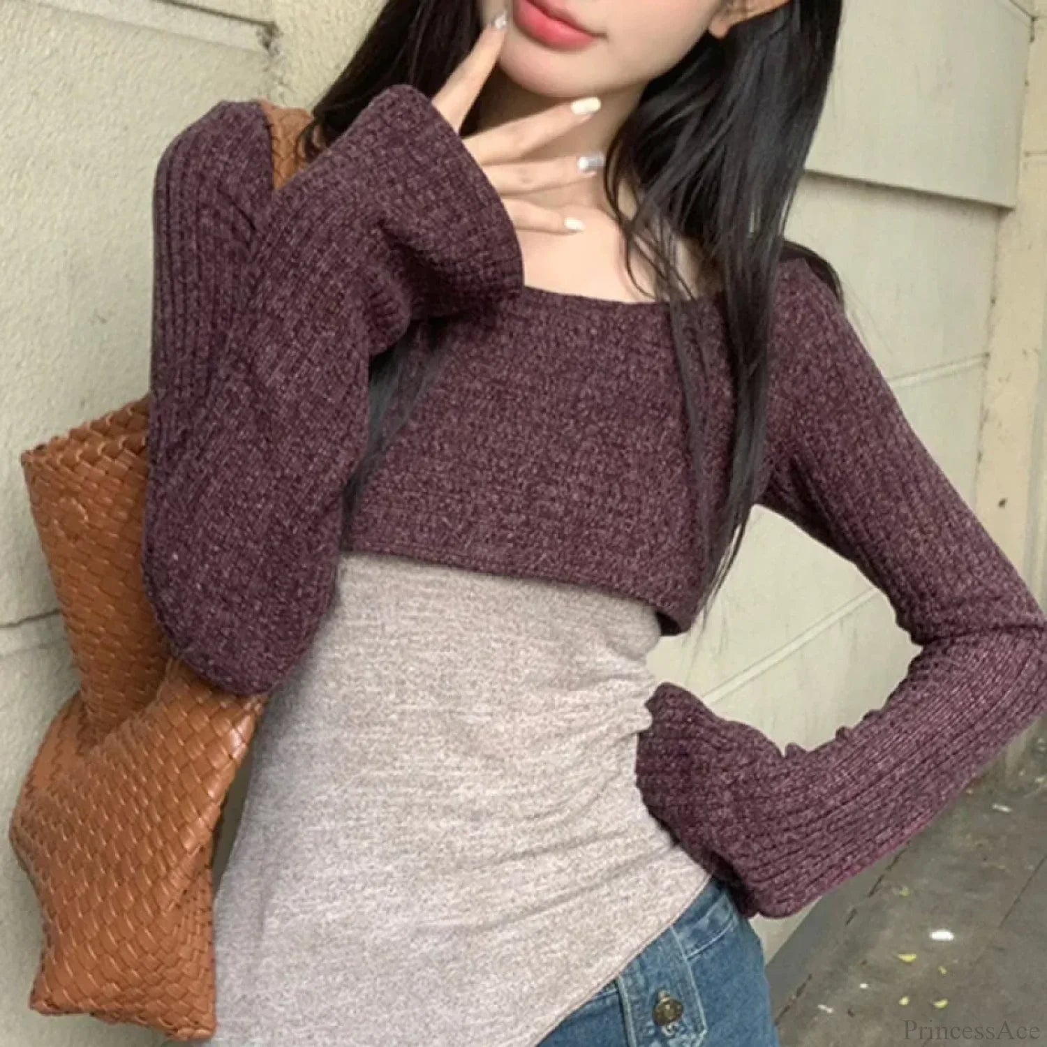 Solid Tank Tie-Up Halter Backless Long Sleeve Knit Top image 5