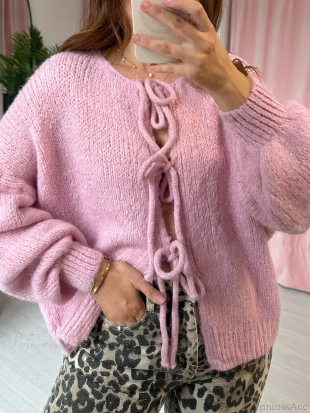Solid Tie Front Round Neck Loose Cardigan image 2