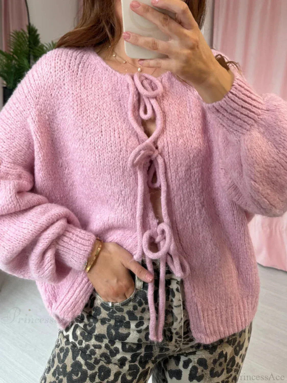 Solid Tie Front Round Neck Loose Cardigan image 2