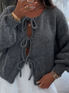 Solid Tie Front Round Neck Loose Cardigan image 3