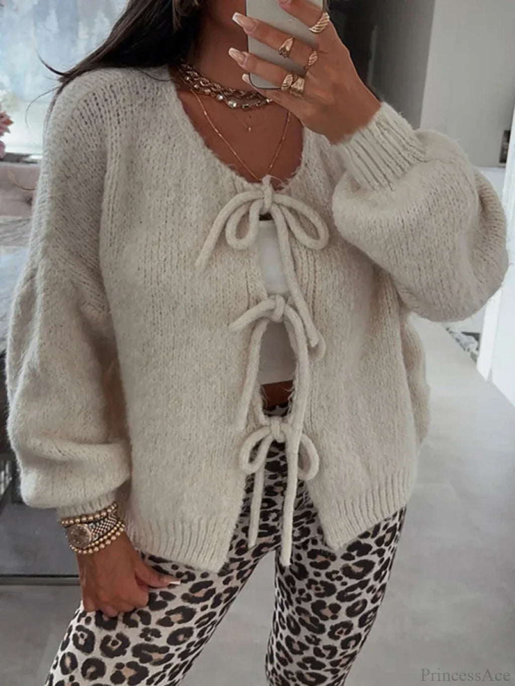 Solid Tie Front Round Neck Loose Cardigan image 4