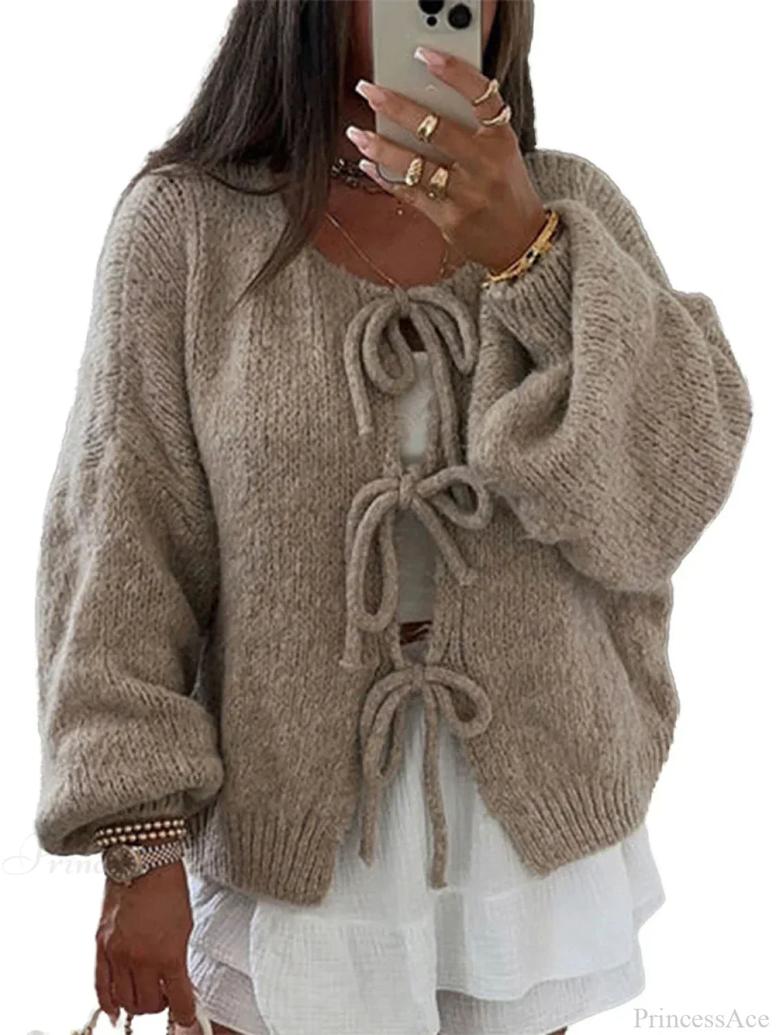 Solid Tie Front Round Neck Loose Cardigan image 6