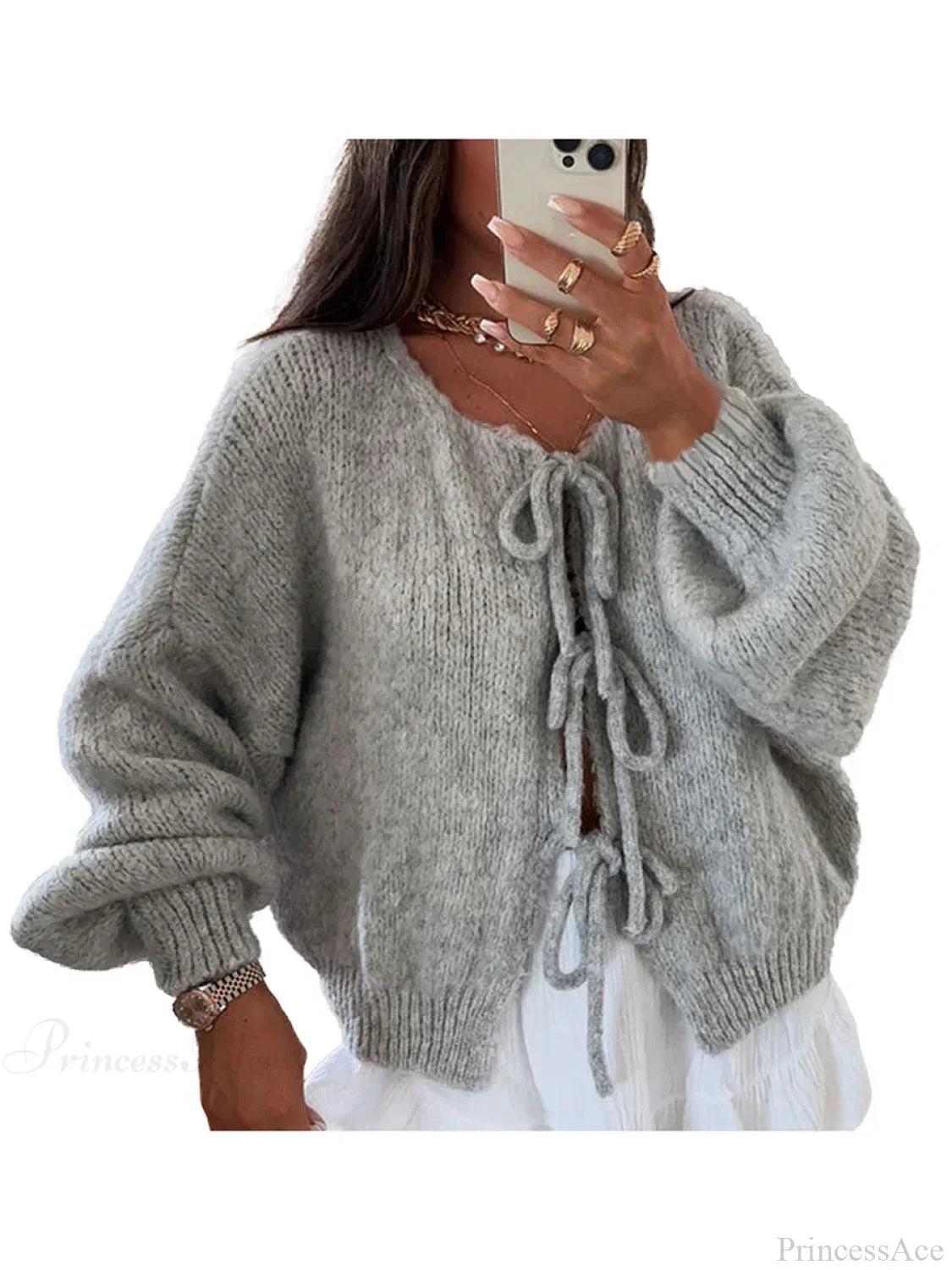 Solid Tie Front Round Neck Loose Cardigan image 7