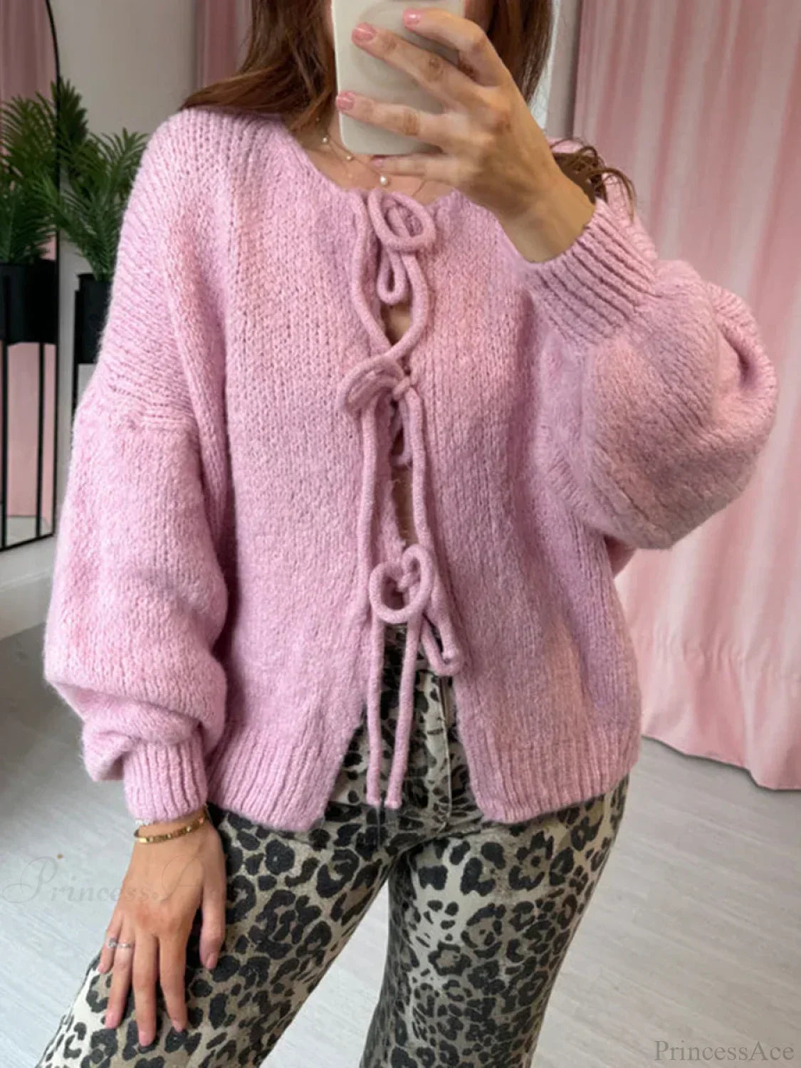 Solid Tie Front Round Neck Loose Cardigan image 1