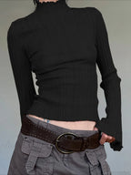 Solid Turtleneck Slim Flare Sleeve Long Sleeve Knit Top image 1