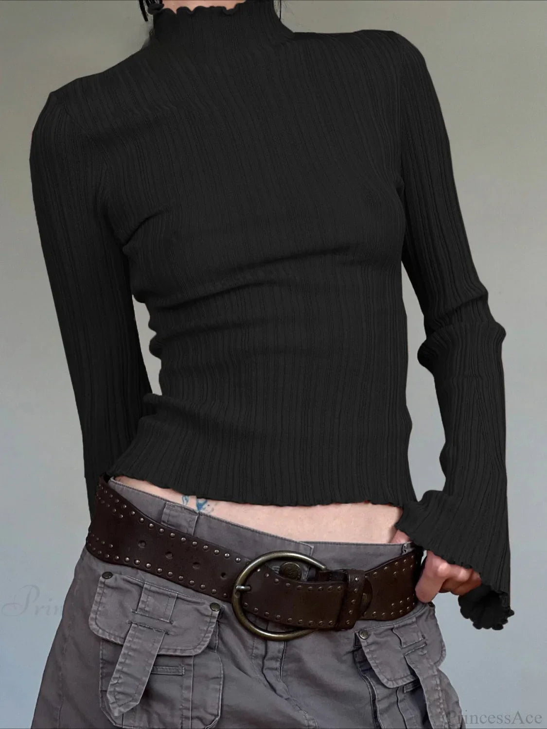 Solid Turtleneck Slim Flare Sleeve Long Sleeve Knit Top image 1