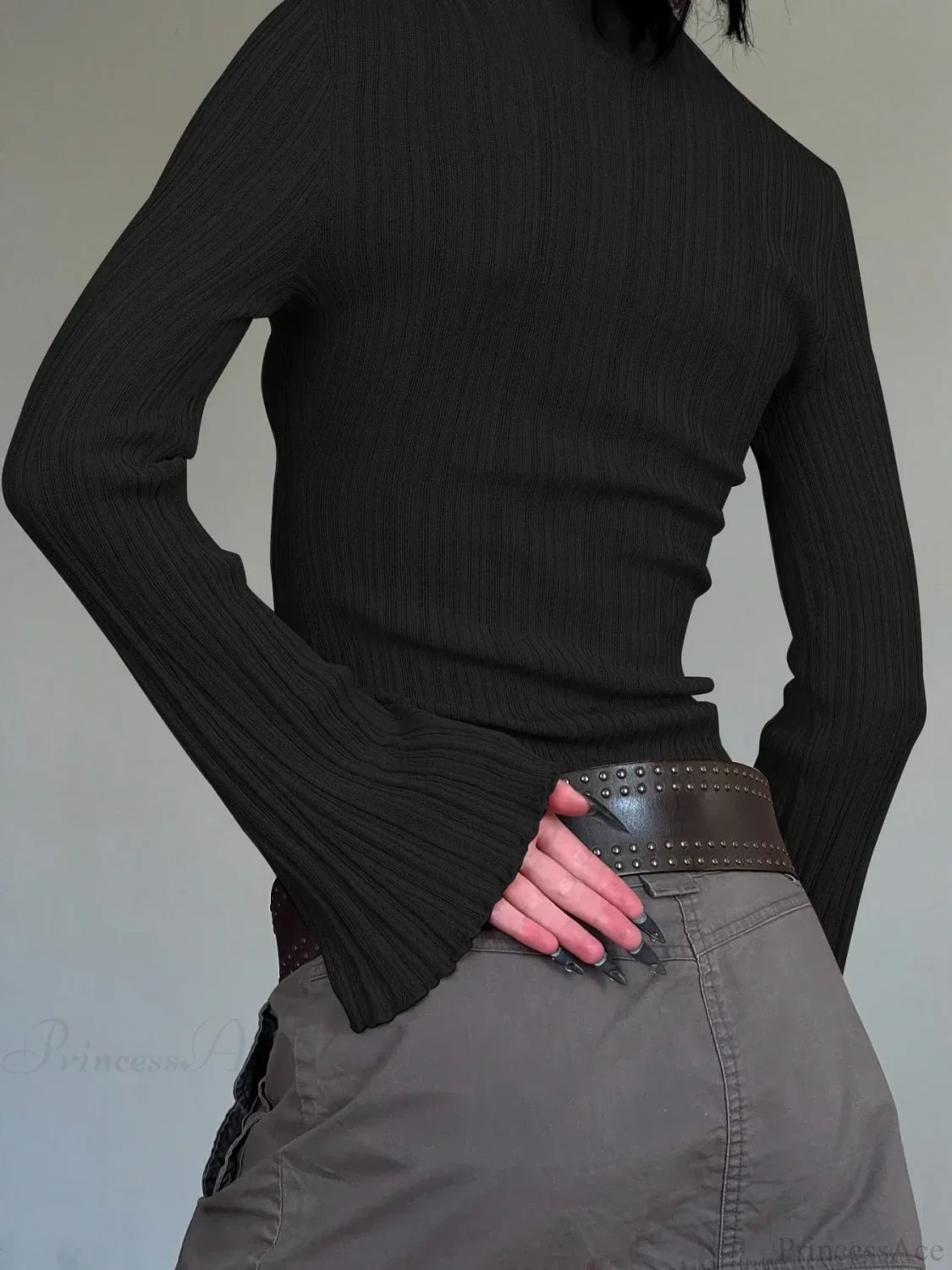 Solid Turtleneck Slim Flare Sleeve Long Sleeve Knit Top image 3