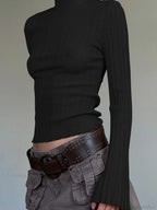 Solid Turtleneck Slim Flare Sleeve Long Sleeve Knit Top image 2