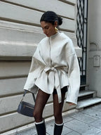 Solid V-neck Lace-up Coat image 5