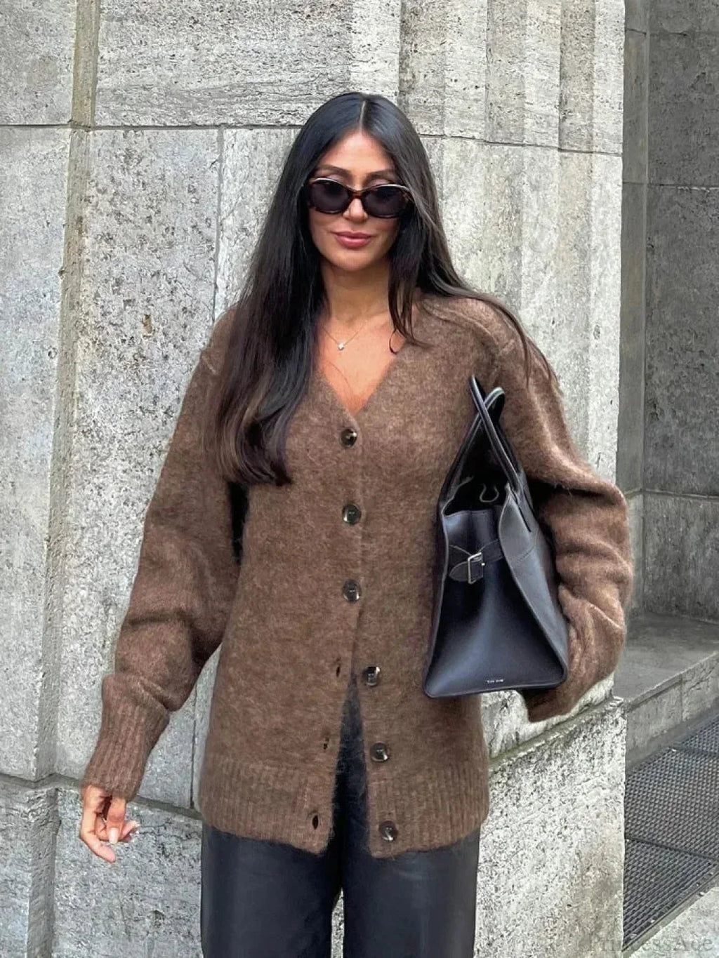 Solid V-neck Mohair Loose Cardigan image 1
