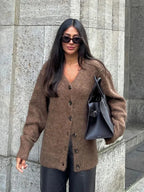 Solid V-neck Mohair Loose Cardigan image 1