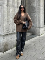 Solid V-neck Mohair Loose Cardigan image 3