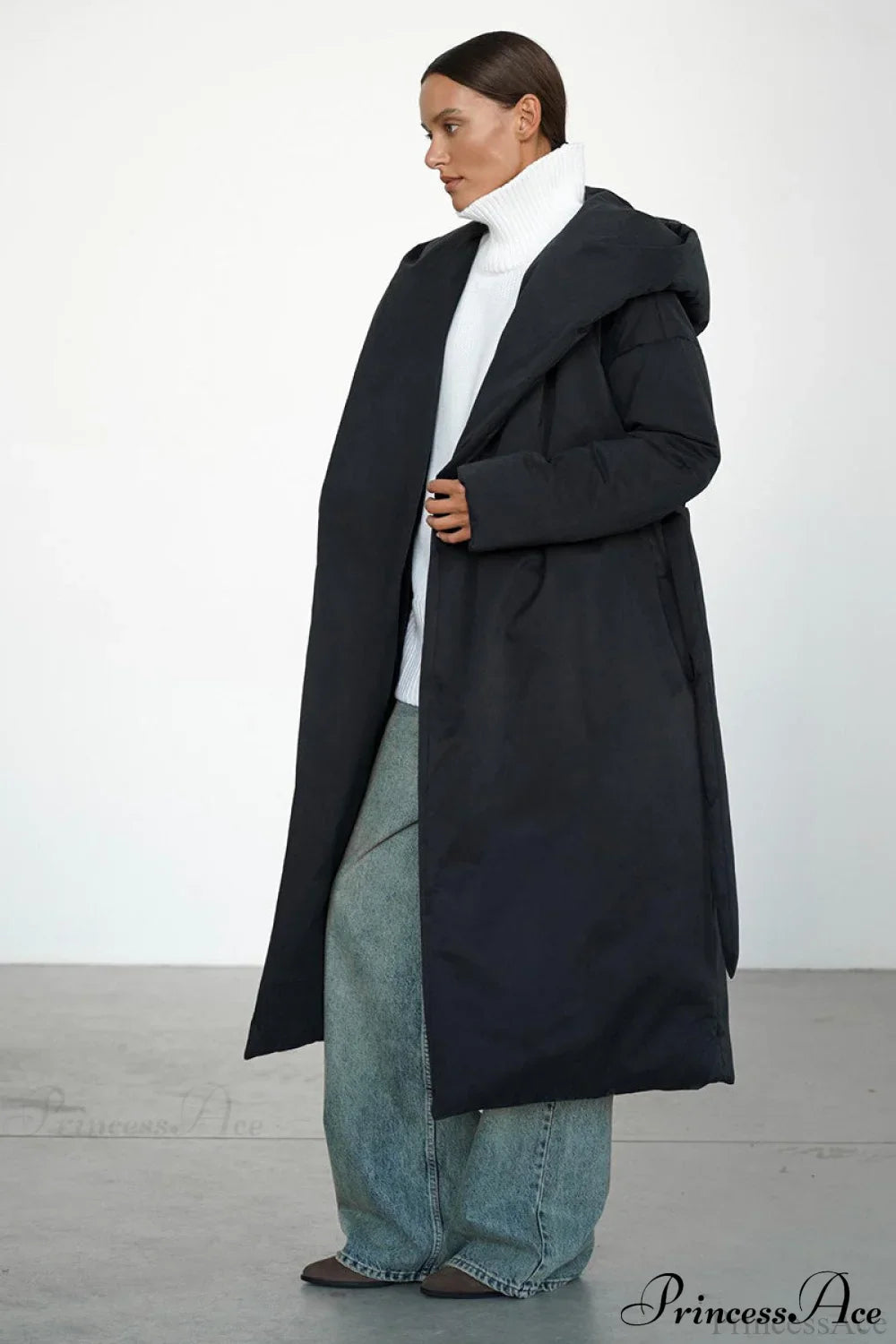 Solid Warm Long Hooded Belted Cotton Puffer Overcoat image 9