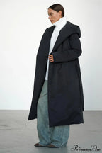 Solid Warm Long Hooded Belted Cotton Puffer Overcoat image 9
