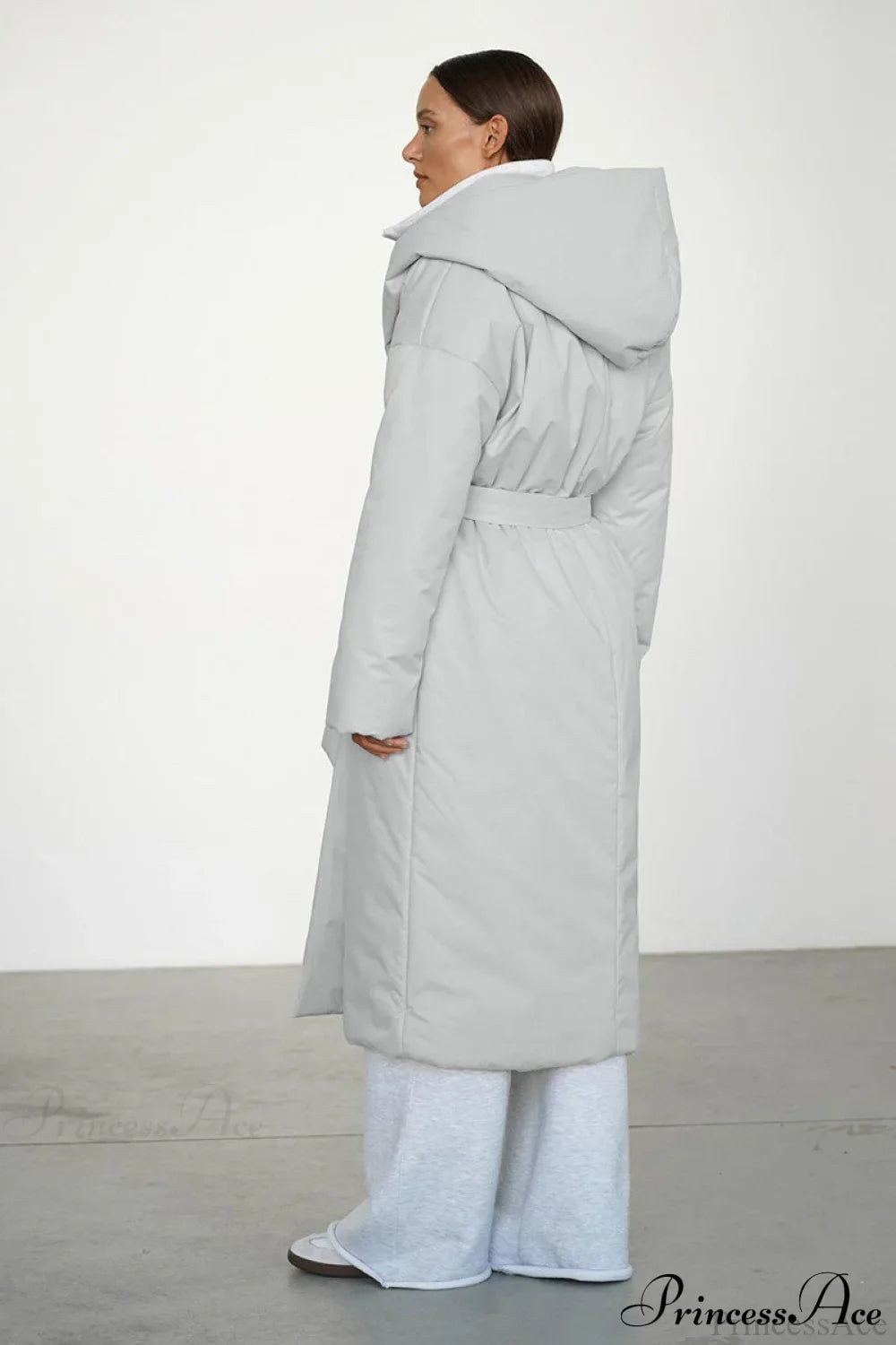 Solid Warm Long Hooded Belted Cotton Puffer Overcoat image 3