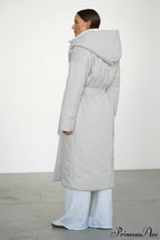 Solid Warm Long Hooded Belted Cotton Puffer Overcoat image 3