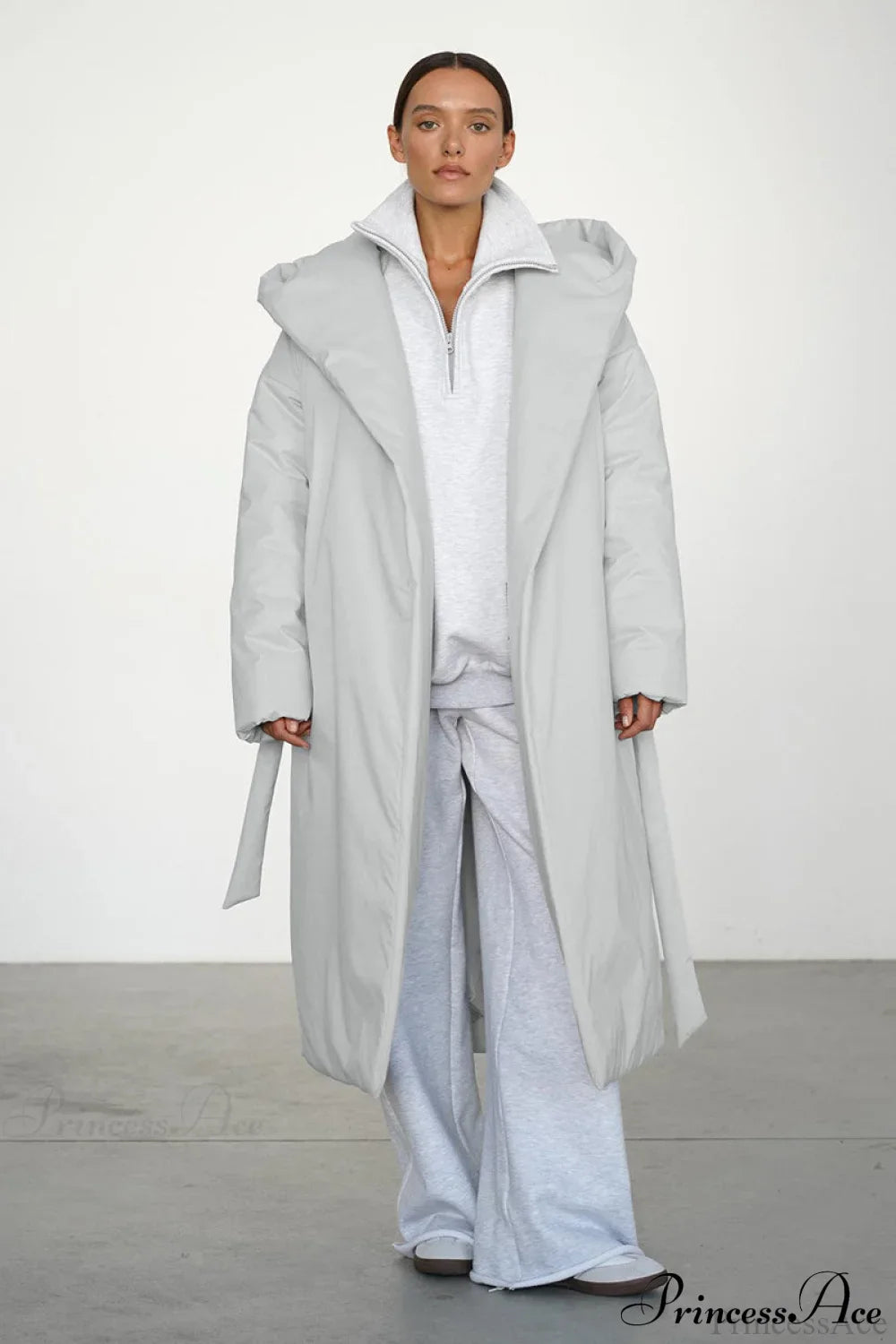 Solid Warm Long Hooded Belted Cotton Puffer Overcoat image 2