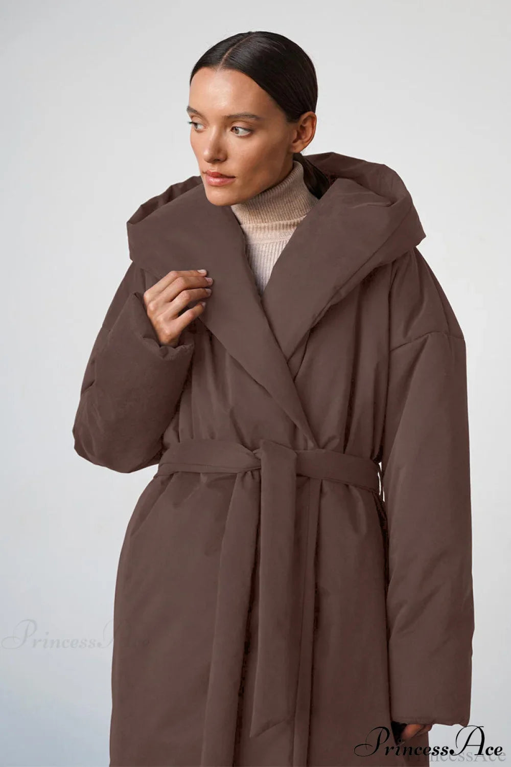 Solid Warm Long Hooded Belted Cotton Puffer Overcoat image 5