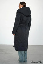 Solid Warm Long Hooded Belted Cotton Puffer Overcoat image 10