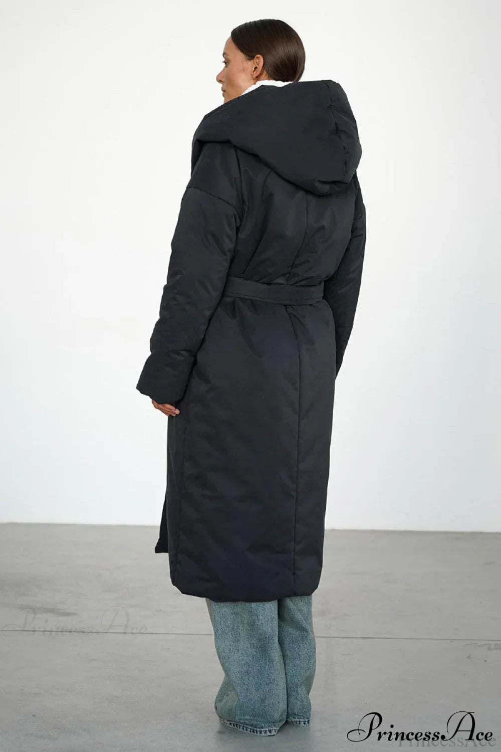 Solid Warm Long Hooded Belted Cotton Puffer Overcoat image 10
