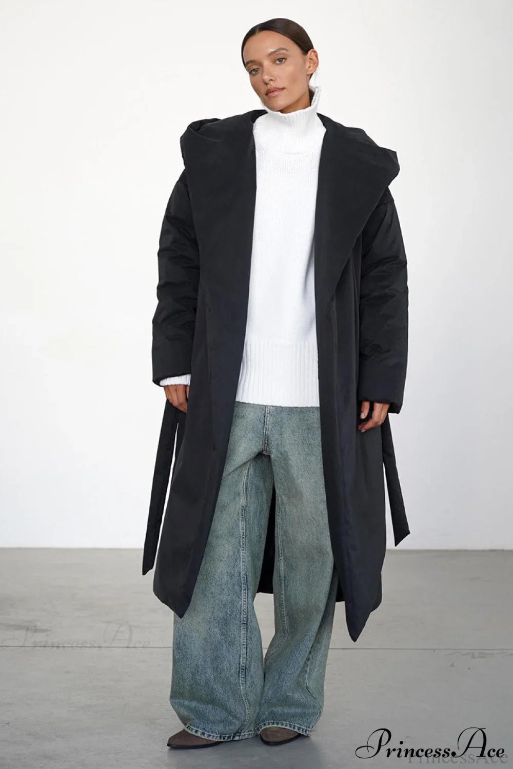 Solid Warm Long Hooded Belted Cotton Puffer Overcoat image 8