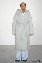 Solid Warm Long Hooded Belted Cotton Puffer Overcoat image 1