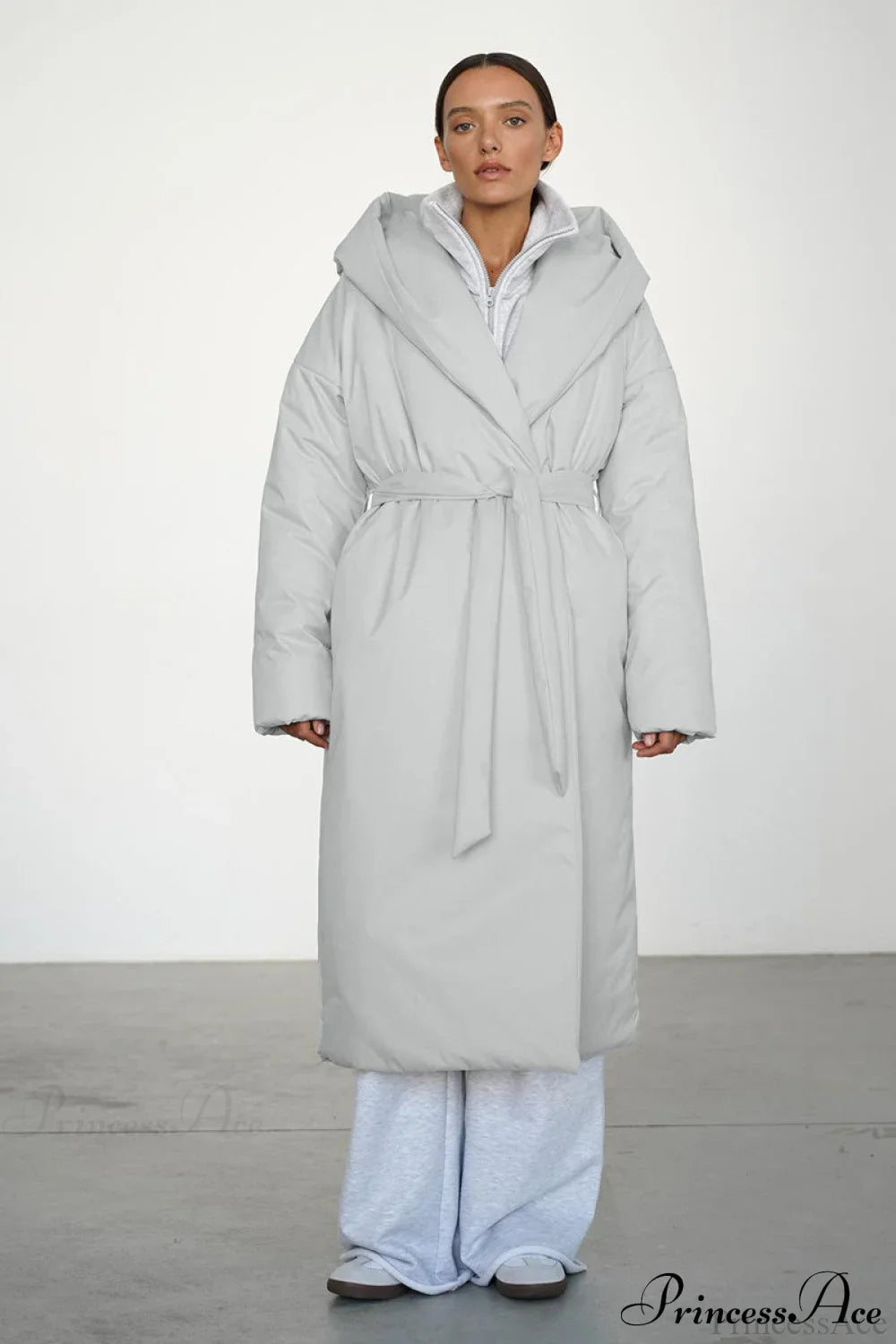 Solid Warm Long Hooded Belted Cotton Puffer Overcoat image 1