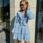 Solid White Cotton Rayon Long Sleeve Ruffle Dress image 7