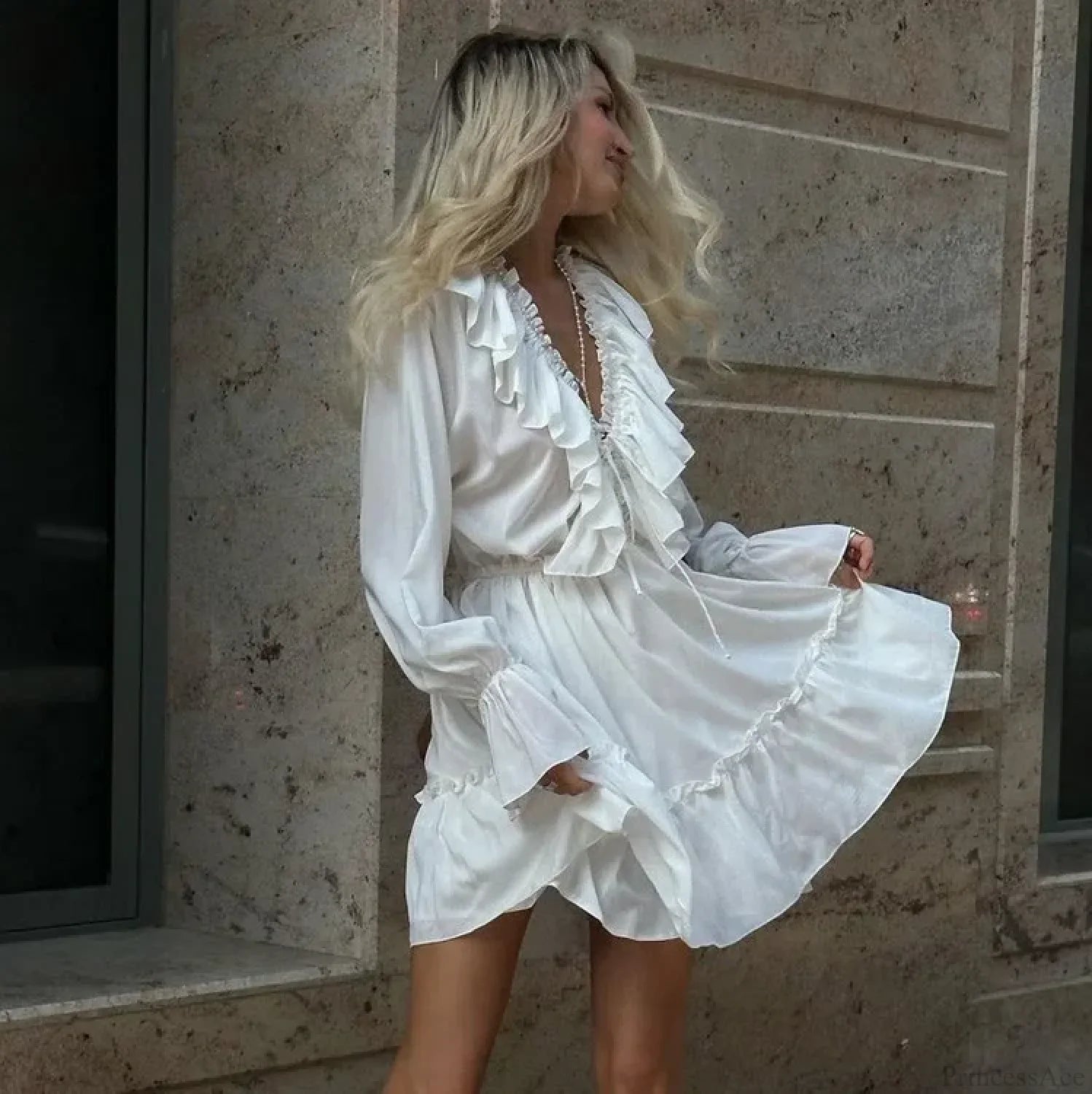 Solid White Cotton Rayon Long Sleeve Ruffle Dress image 4