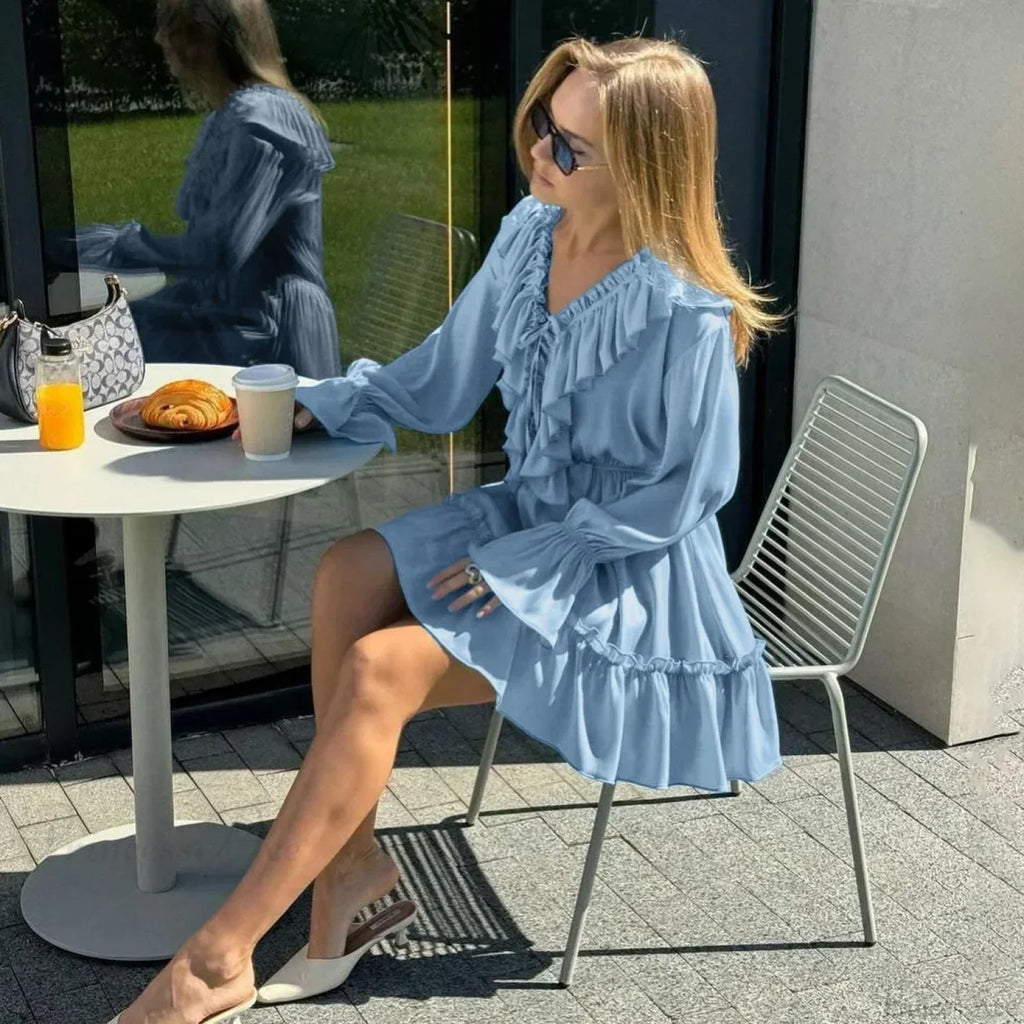 Solid White Cotton Rayon Long Sleeve Ruffle Dress image 5