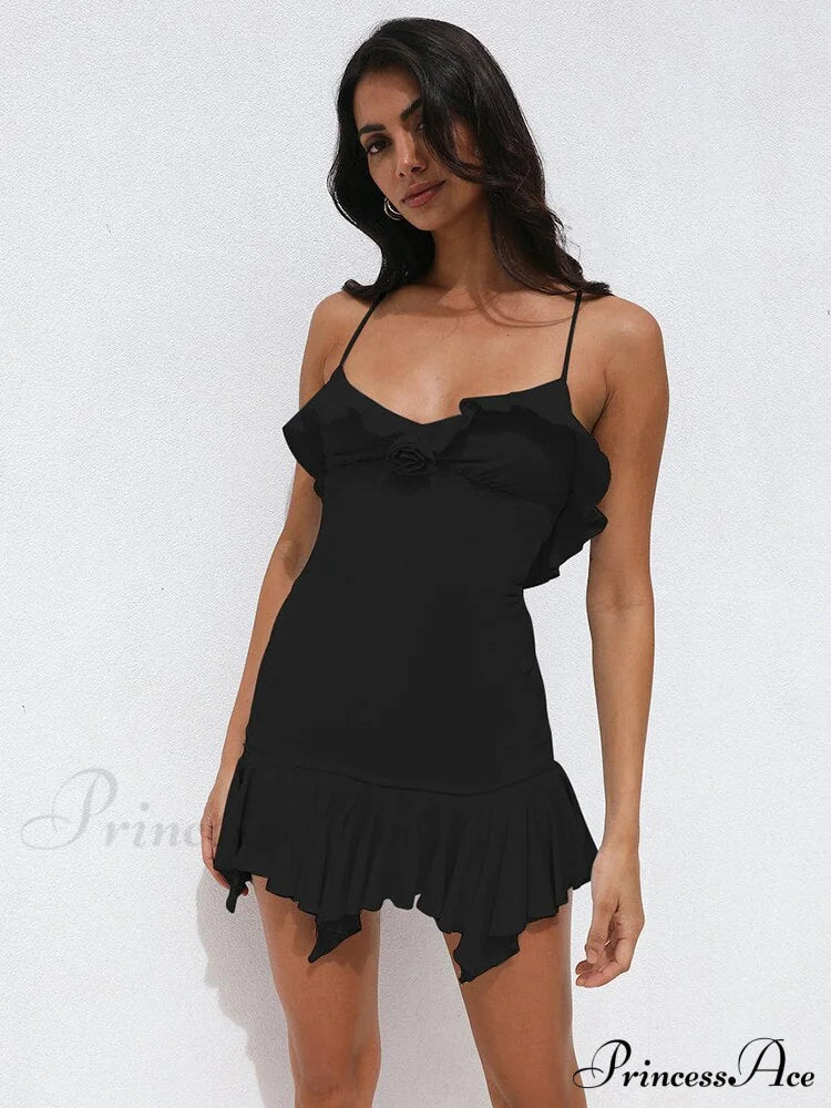 Spaghetti Party Coastal Strap Mini Gown Elegant Flower Off-shoulder Robe Women Backless Bodycon Ruffle Dress image 6