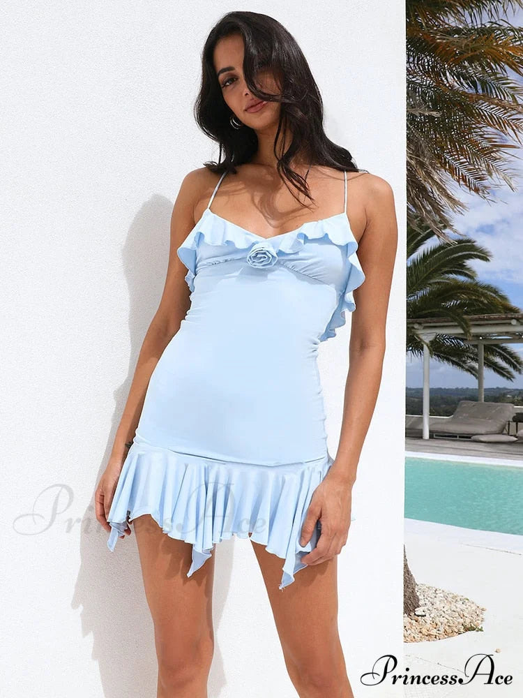 Spaghetti Party Coastal Strap Mini Gown Elegant Flower Off-shoulder Robe Women Backless Bodycon Ruffle Dress image 4