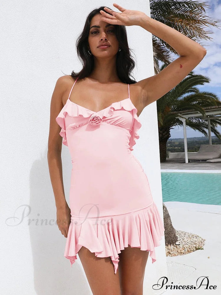 Spaghetti Party Coastal Strap Mini Gown Elegant Flower Off-shoulder Robe Women Backless Bodycon Ruffle Dress image 5
