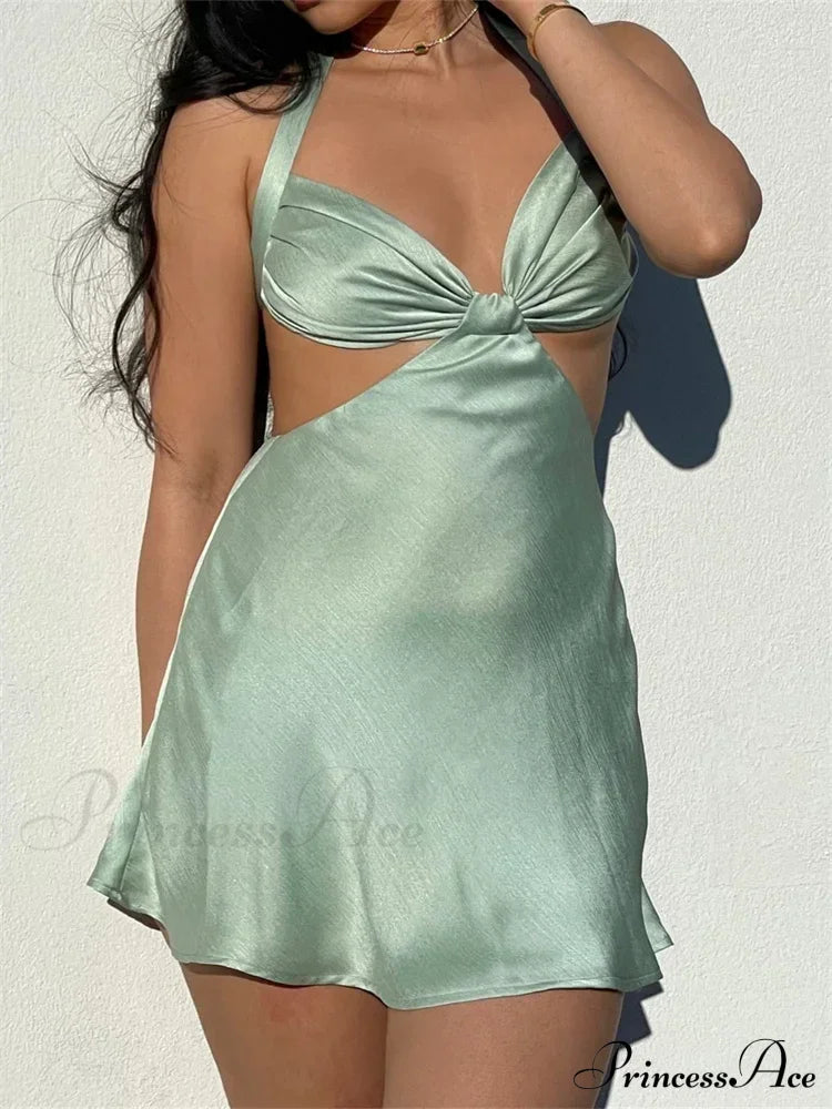 Spaghetti Strap Backless Satin Halter Hollow Out Mini Dress image 6