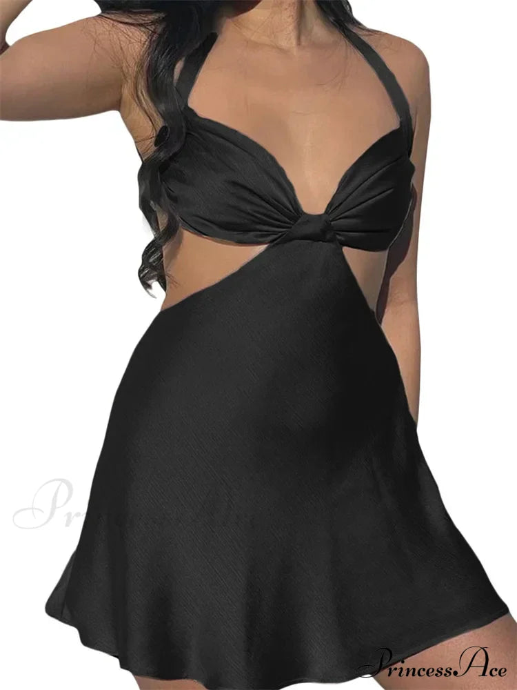 Spaghetti Strap Backless Satin Halter Hollow Out Mini Dress image 10