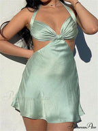 Spaghetti Strap Backless Satin Halter Hollow Out Mini Dress image 9