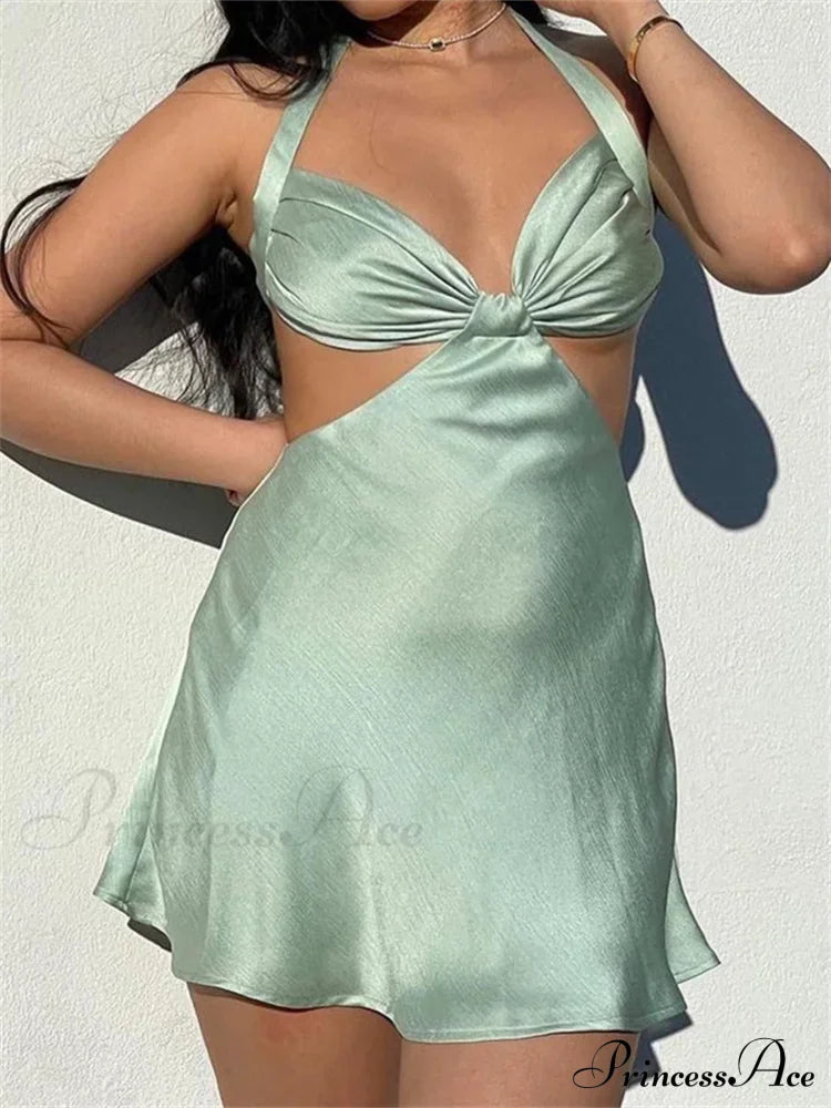 Spaghetti Strap Backless Satin Halter Hollow Out Mini Dress image 9